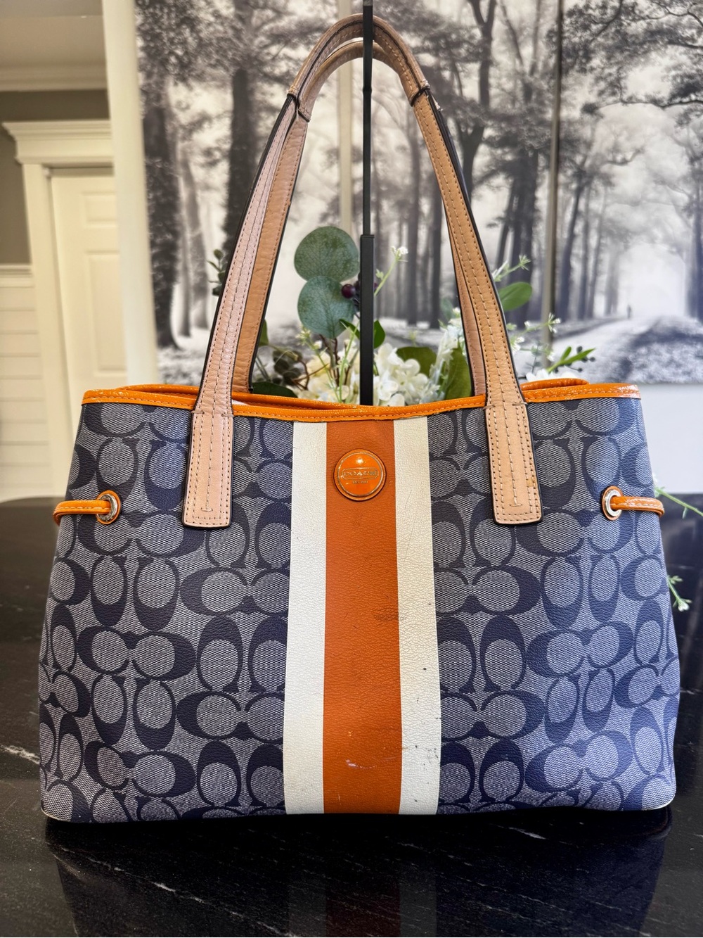 💙🧡Coach Signature Stripe PVC Stripe Carryall in Navy and Orange